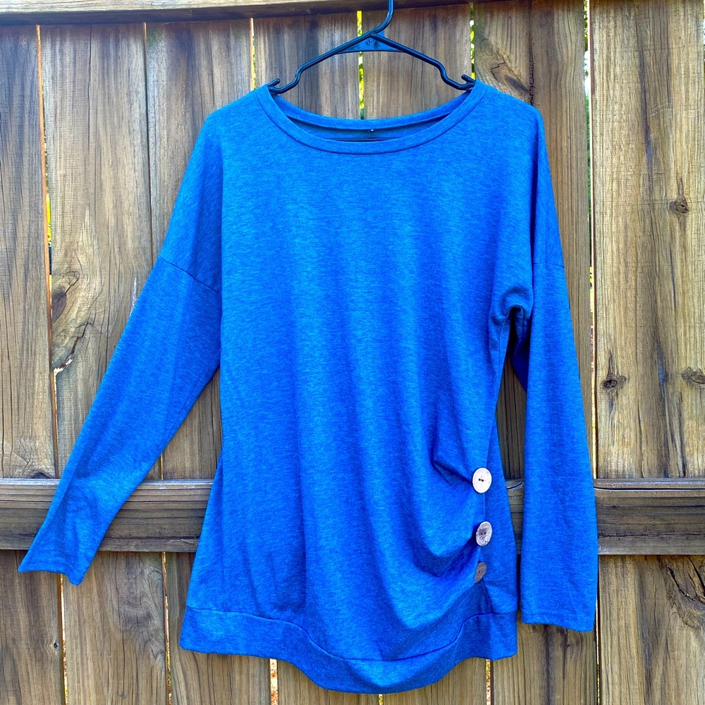 Side Button Detail Long Sleeve Tee Shirt | S | Blue